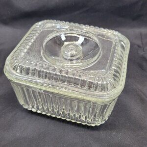 Ribbed Glass Anchor Hocking Refrigerator Storage Candy Dish‎ Inverted Knob Lid